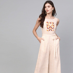 Women Off-White & Beige Printed Basic Jumpsuit